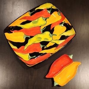 2001 Clay Art, South San Francisco "Caliente" set of 2 tray & appetizers dish